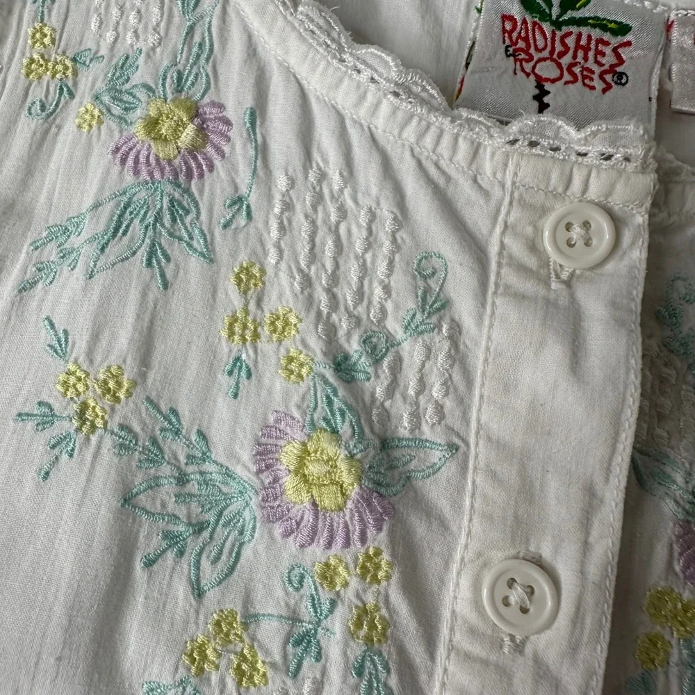 Vtg Radishes &‎ Roses Dress White Cotton Embroidered Pockets Cottagecore Girls 8